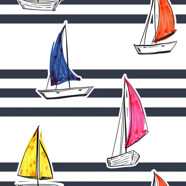 Blue Stripe Hand Drawn Sailboats Seamless Pattern Nautical Mood Design — Stock Vector