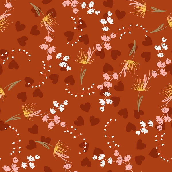 手描きの小さな繊細な花心の背景ベクトル上の植物の花とシームレスな繰り返しパターンEps10 ファッション ファブリック ウェブ ラッピングやレトロオレンジ上のすべてのプリントのためのデザイン — ストックベクタ