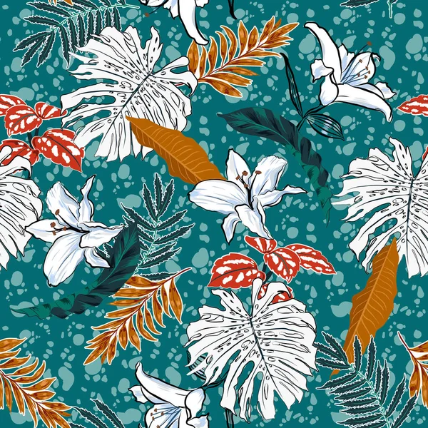 Trendy Tropical Botânico Monstera Folhas Lírios Flores Fundo Africano Batik —  Vetores de Stock