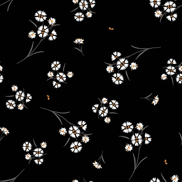 Freie Hand Gänseblümchen Blumen Kleinem Maßstab Druck Nahtlosen Mustervektor Auf — Stockvektor