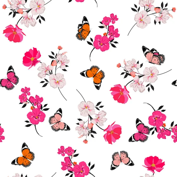 Hermoso Vector Patrón Sin Costuras Florales Rosas Florecientes Vuelo Mariposa — Vector de stock