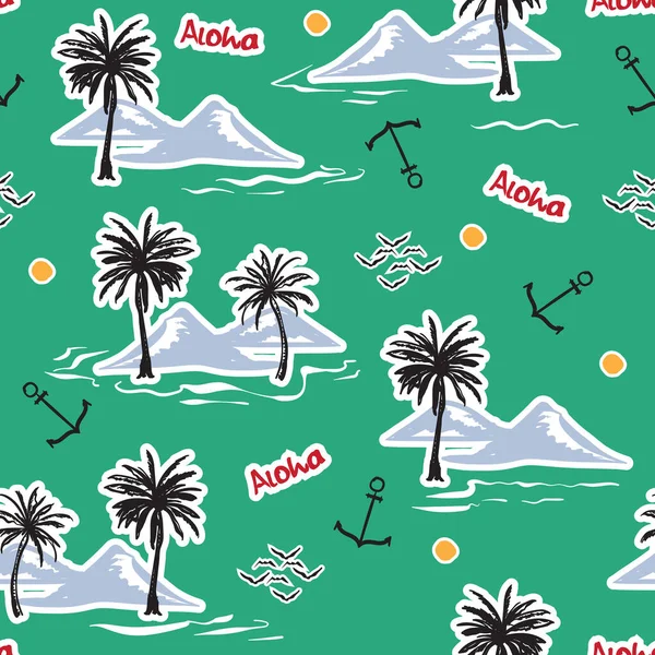 Trendig Sommar Tropical Island Och Hand Skissa Doodle Stil Sömlöst — Stock vektor