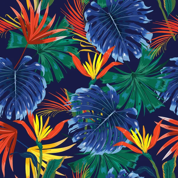 Tendance Forêt Tropicale Jungle Sombre Contraste Avec Les Fleurs Exotiques — Image vectorielle