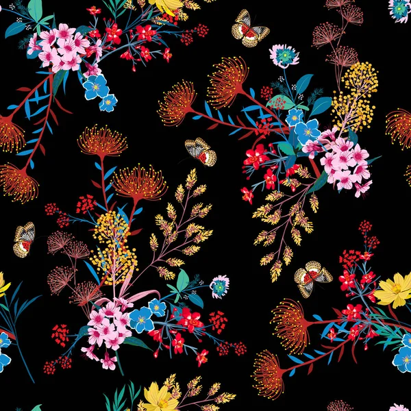 꽃봉오리와 나비는 종류의 식물학적 식물인 리버티 스타일 패션을 디자인 포장지 — 스톡 벡터