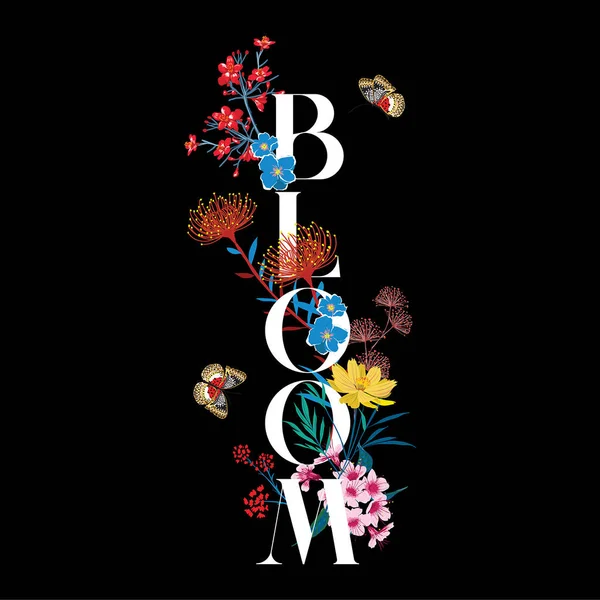 美しいロマンチックなレタリングタイプ Bloom ベクトルEps10 Tシャツ カード 招待状 ファブリックと黒の背景色のすべてのグラフィックタイプのためのデザイン — ストックベクタ