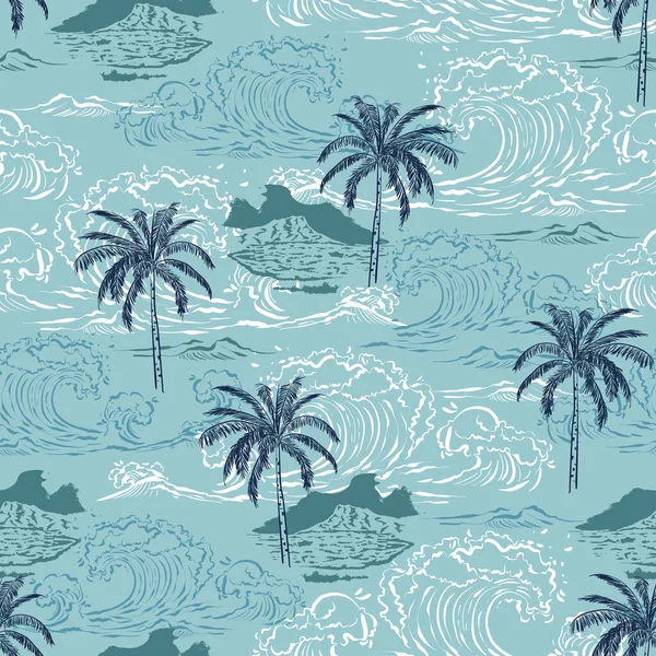 Hermosa Isla Patrón Sin Costuras Ola Grande Sobre Fondo Azul — Vector de stock