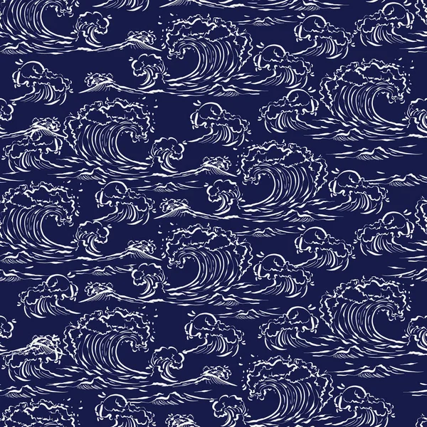 Hand Drawn Sketch Ocean Wave Marine Mood Seamless Pattern Vector — Stock Vector