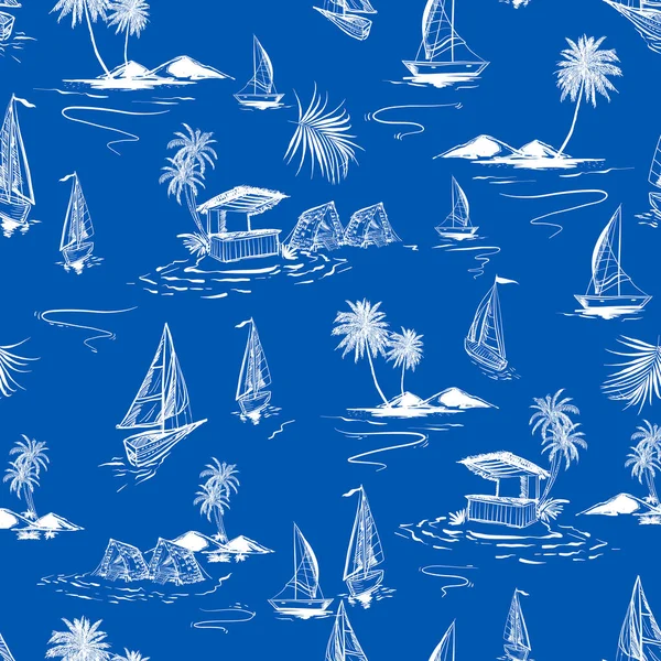 Красивий Безшовний Білий Ручний Ескіз Острівного Візерунка Блакитному Тлі Океану — стоковий вектор
