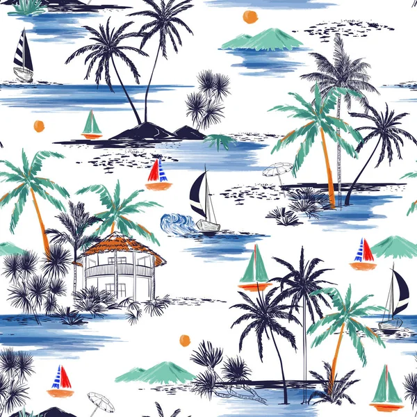 具有棕榈树 海浪和海洋矢量手绘风格的夏日岛屿图案 以白色背景为背景 — 图库矢量图片