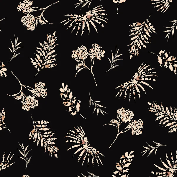 Silhueta Elegante Botânico Plantio Flores Preenchimento Com Amimal Leopardo Impressão —  Vetores de Stock