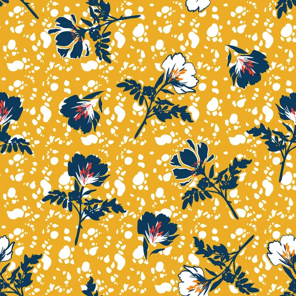 Σιλουέτα Από Ανθισμένο Λουλούδι Λευκό Και Μπλε Κίτρινο Μπατίκ Υφή — Διανυσματικό Αρχείο