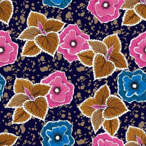 Velká Kvetoucí Květinová Modř Růžová Botanickými Listy Tmavě Modré Batik — Stockový vektor