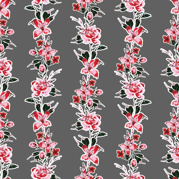 Bloeiende Tuin Bloemen Verticale Strepen Handgetekende Bloemen Naadloze Patroon Vector — Stockvector