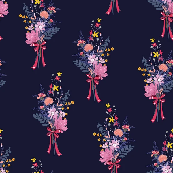 Cute Bouquet Garden Florals Pink Ribbons Seamless Pattern Vector Eps10 — Stock Vector