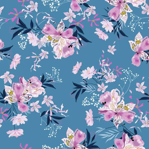 柔和细腻的花卉花园 有多种植物无缝图案载体Eps10 时尚设计 纺织品 浅蓝色包装 — 图库矢量图片