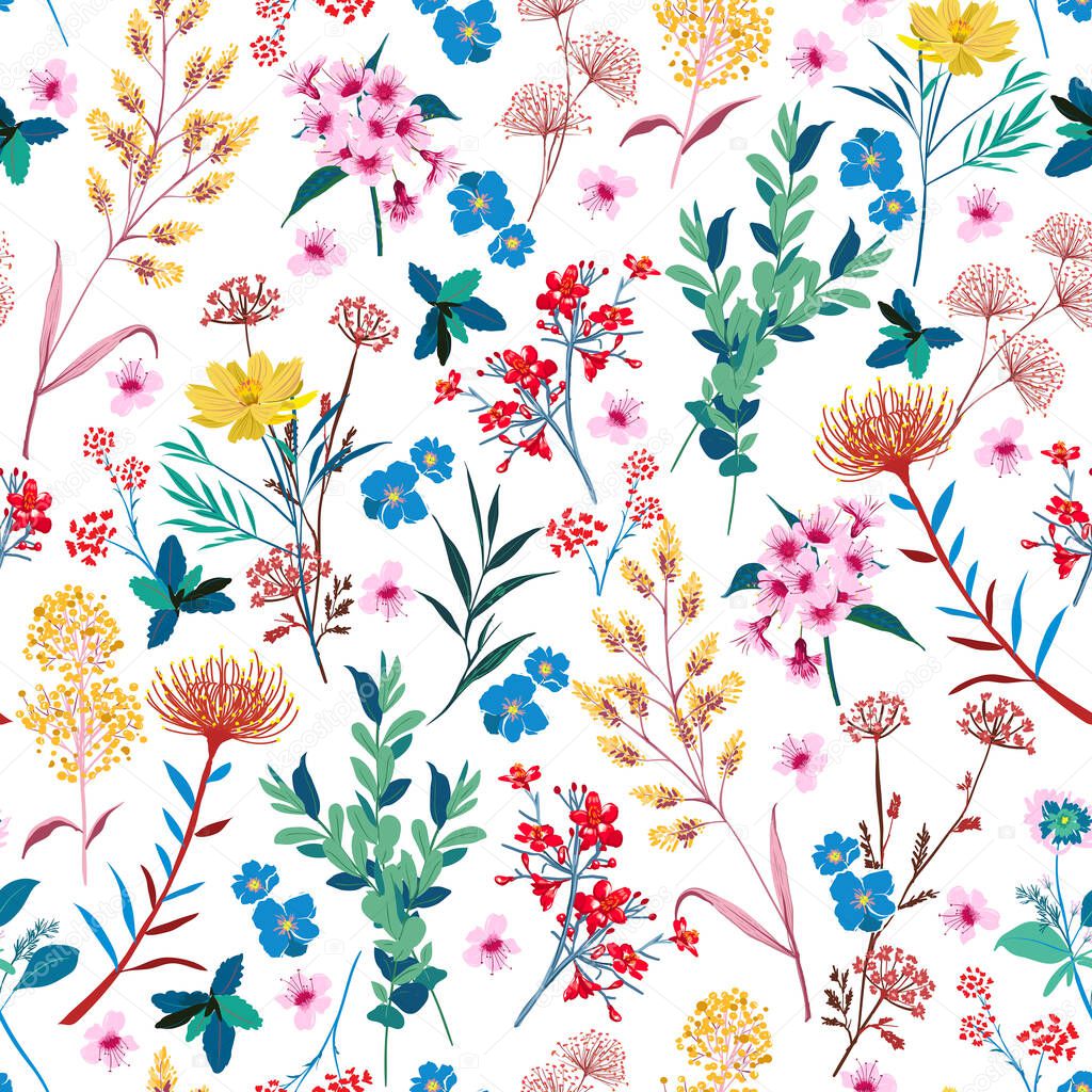 Elegant Blooming Graden floral in small hand draw flower witn many kind of botanical plants seamless background Liberty style,Design for fashion , fabric, textile, wallpaper, cover, web , wrapping and all prints