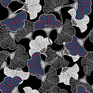 Kusursuz desenli gingko yaprakları Afrika baskıları ve el işi çizgileri ile doludur, moda, kumaş, ambalaj, duvar kağıdı ve siyah üzerindeki tüm baskılar için tasarlanmıştır.