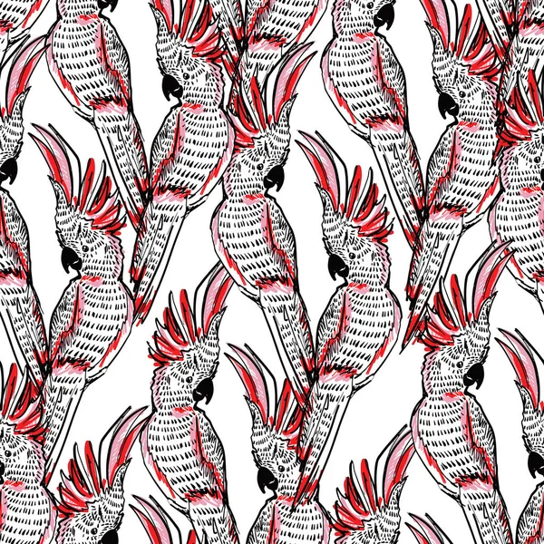 Bezešvé Kreslení Vzorkem Tropickými Ptáky Čmáranice Černobílý Obraz Vektoru Toucan — Stockový vektor