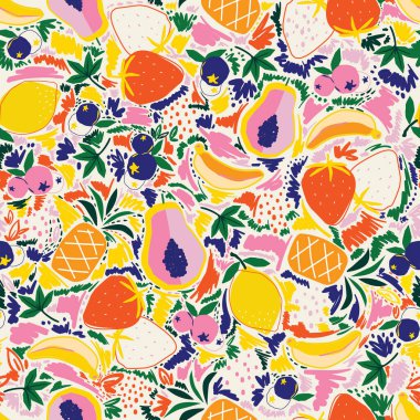 Yaz meyvelerinin parlak renkleri, karışık meyve çilekleri, ananaslar, muzlar, papaya fırça darbeleri, pürüzsüz desen vektörü, moda tasarımı, kumaş, tekstil, duvar kağıdı, ambalaj kağıdı ve tüm baskılar.