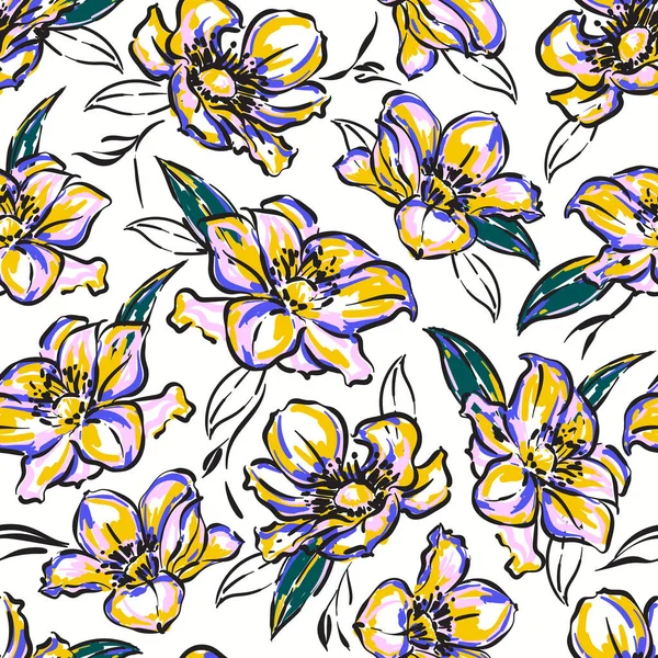 Ručně Kreslené Kartáč Náčrt Kvetoucí Květinové Pozadí Botanická Bezešvé Vzor — Stockový vektor