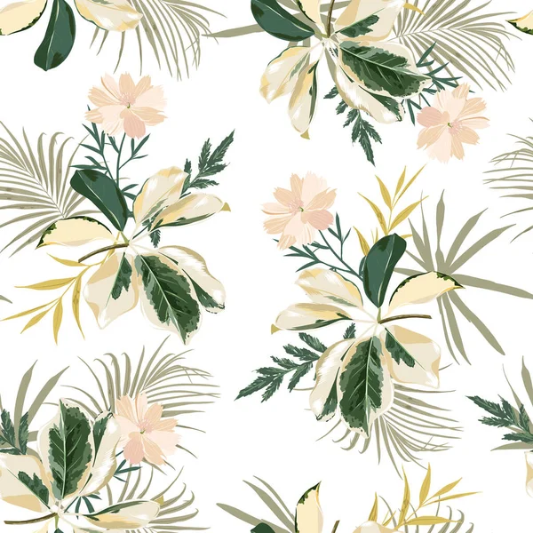 热带叶 棕榈叶和浅粉色花朵的柔和色调无缝图案矢量Eps10 纺织品 包装及所有白色印花图案的设计 — 图库矢量图片