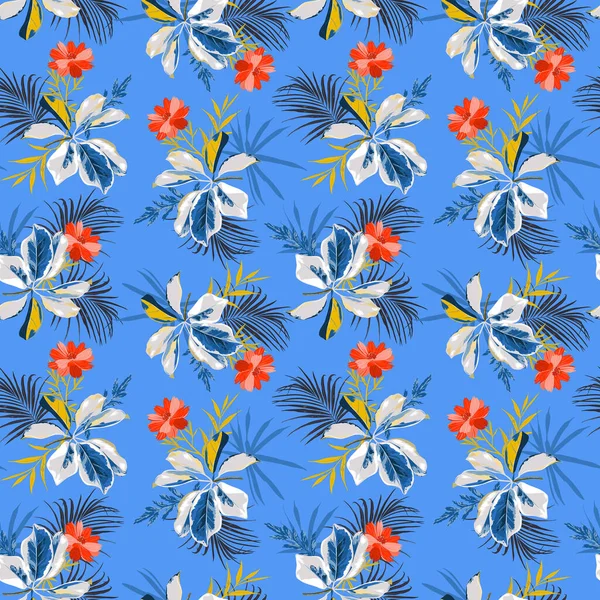 Літнє Модне Тропічне Листя Пальмове Квіти Тропічний Настрій Безшовний Візерунок — стоковий вектор