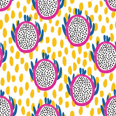 El çizimi pitaya illüstrasyonunun renksiz deseni. Yaz mevsimi. Moda, kumaş, tekstil, duvar kağıdı, kapak, ağ, ambalaj ve tüm baskılar için tasarım. 