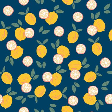 Elle çizilmiş renksiz limon deseni. Vektör çizimi, moda, kumaş, duvar kağıdı, kapak, ağ, ambalaj ve donanma mavisi üzerindeki tüm izler için tasarım.