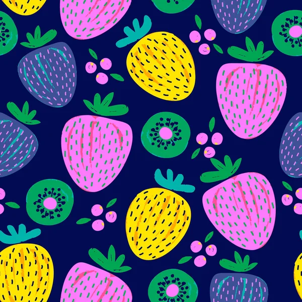 Trendy Colourful Summer Fruits Mixed Fruits Strawberries Berries Kiwi Brush — Stock Vector