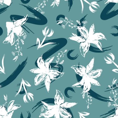 Modern sanatsal çiçek açan kusursuz desen vektör el fırçalı fırça darbeleri, el boyası moda, kumaş, duvar kağıdı, ağ ve yeşil nane üzerindeki tüm baskılar 