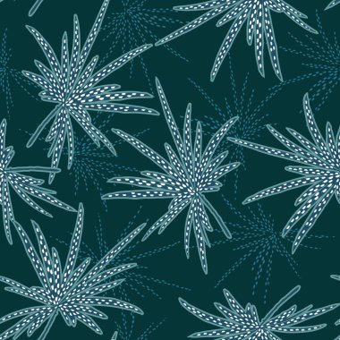 Şık botanik bitkileri ve yaprakları Ikat Afrikalı kabilesinden esinlenilmiş kusursuz model vektör ilüstrasyonu, moda, kumaş, tekstil, duvar kağıdı, kapak, ağ, ambalaj ve koyu yeşil üzerindeki tüm baskılar