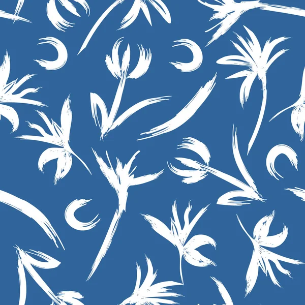 蓝色和白色艺术手绘百合花和植物花卉无缝图案病媒手绘笔画 设计时尚 网络和所有印刷品 — 图库矢量图片