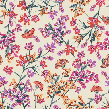 Renkli Çiçekli El çizimi Vahşi Çiçek, Çayırlık Çiçeksiz desensiz Vektör çizim sanatsal stili, Moda, kumaş, tekstil, duvar kağıdı, ambalaj ve tüm baskılar için tasarım