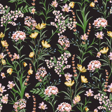 El çizimi vahşi çiçek, çayırlık çiçeksiz desensiz vektör çizimi sanatsal stil moda, kumaş, tekstil, duvar kâğıdı, ambalaj ve siyah üzerindeki tüm izler.