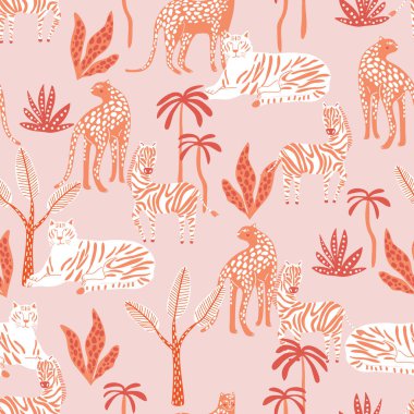 Şirin Safari vahşi hayvan desensiz vektör çizimi EPS10, moda, kumaş, tekstil, duvar kağıdı, kapak, ağ, ambalaj ve tüm baskılar için tasarım