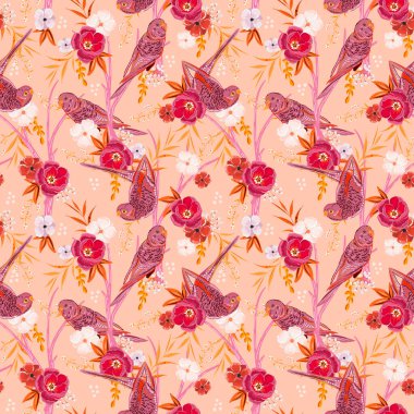 Renkli çiçeklerde papağan çiçekli güzel çiçek deseni egzotik orman, moda, duvar kâğıdı ve açık turuncu üzerindeki tüm izler.