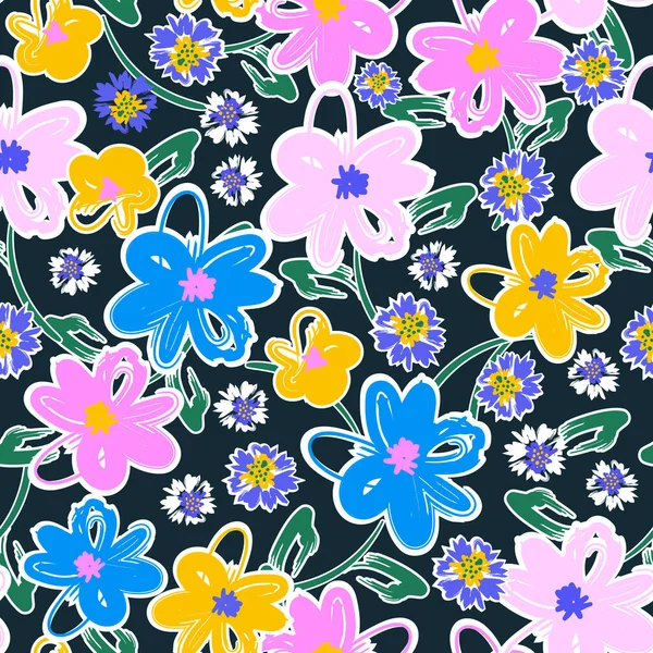 Artistic Flower Painted Brush Stroke Colourful Florals Seamless Pattern Vector — Stock vektor