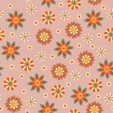 Renkli Geometrik Groovy çiçekleri kusursuz desensiz vektör çizimi, hippi estetik çiçekleri moda, kumaş, tekstil, duvar kâğıdı, ambalaj ve tüm baskılar için tasarım