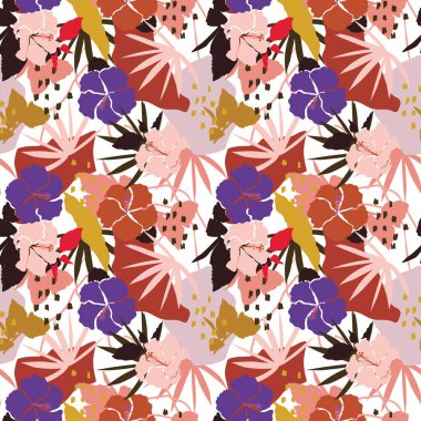 Renkli ve parlak yaz silueti. Yaprakları ve çiçekleri olan, modern tarzda çiçek vektörlü, soyut, pürüzsüz desenler..