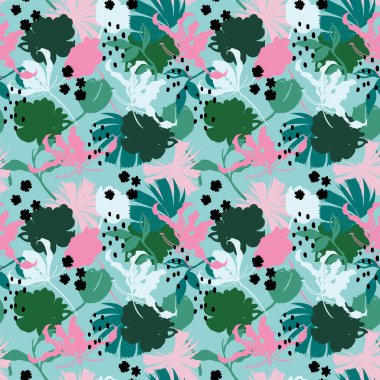 Renkli ve parlak yaz silueti. Yaprakları ve çiçekleri olan, modern tarzda çiçek vektörlü, soyut, pürüzsüz desenler..