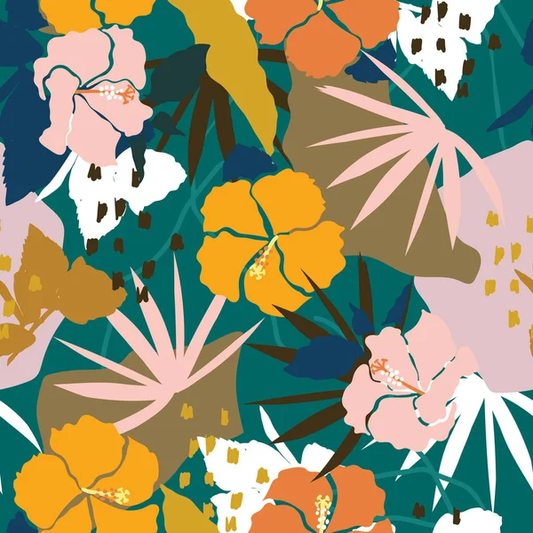 Kleurrijke Heldere Zomer Silhouet Abstracte Naadloze Patroon Met Bladeren Bloemen — Stockvector
