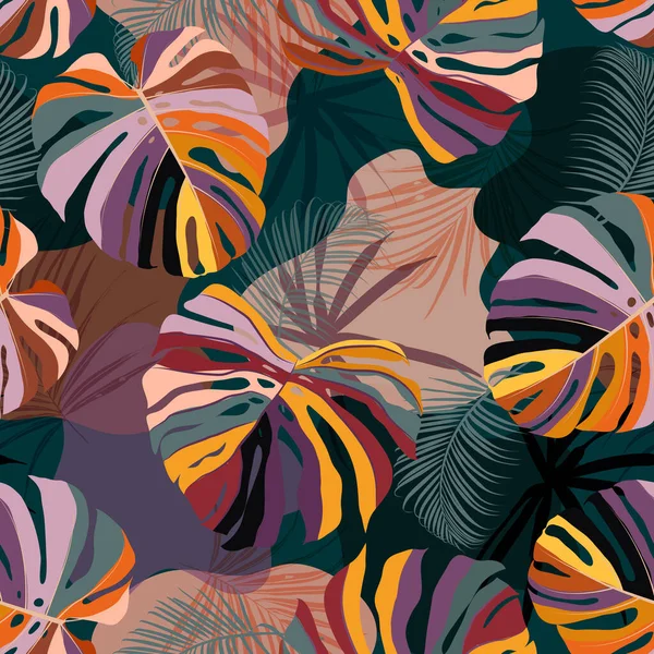 Colour Tropical Monstera Palm Leaves Seamless Pattern Colourful Modern Collage — Stok Vektör