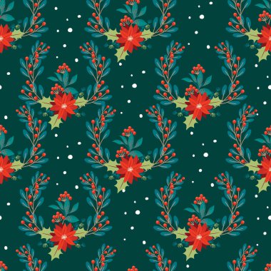 Beautiful Christmas wreath flower and leaves  Happy New Year seamless pattern with Christmas ornament ,Vector illustration ,Design for fashion , fabric, textile, wallpaper , wrapping and all prints 