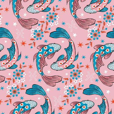 Balık burcu burcunun kusursuz deseni. Balık burcu sembolü Vector EPS10, Moda, kumaş, tekstil, duvar kağıdı, kapak, ağ, ambalaj ve tüm baskılar için tasarım 