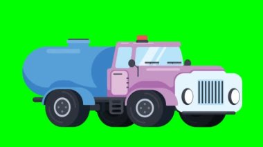 Hareket halindeki karavan tankının animasyonu. Sıvı taşıma aracı. Yeşil ekran arka planında düz stil canlandırma videosu.