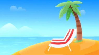 Güzel ada manzarası, şezlonglu ve palmiyeli. Video tanıtım ya da operatör konsepti. canlandırma videosu