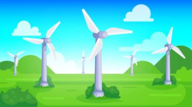 Mavi gökyüzü ile yeşil alanda rüzgar türbinleri. Sürdürülebilir kalkınma için temiz yenilenebilir enerji üreten yel değirmenleri. canlandırma videosu
