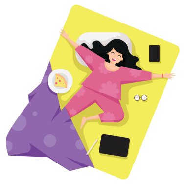 Joyful young woman lying on bed with pizza, mobile phone and glasses. Concept of happy sleeping, bed time and morning wake up. top view, vector illustration
