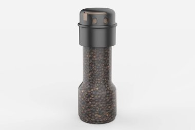 Beyaz arka planda izole edilmiş cam şişedeki siyah biber. 3d illüstrasyon