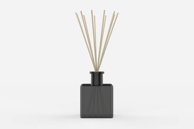 Cam kavanozun içindeki ahşap aroma çubukları. Sıvı parfüm siyah yağ silueti. Temel hava koku çubukları aromaterapisi. Spa ve güzellik piktogramı izole edildi. 3B illüstrasyon